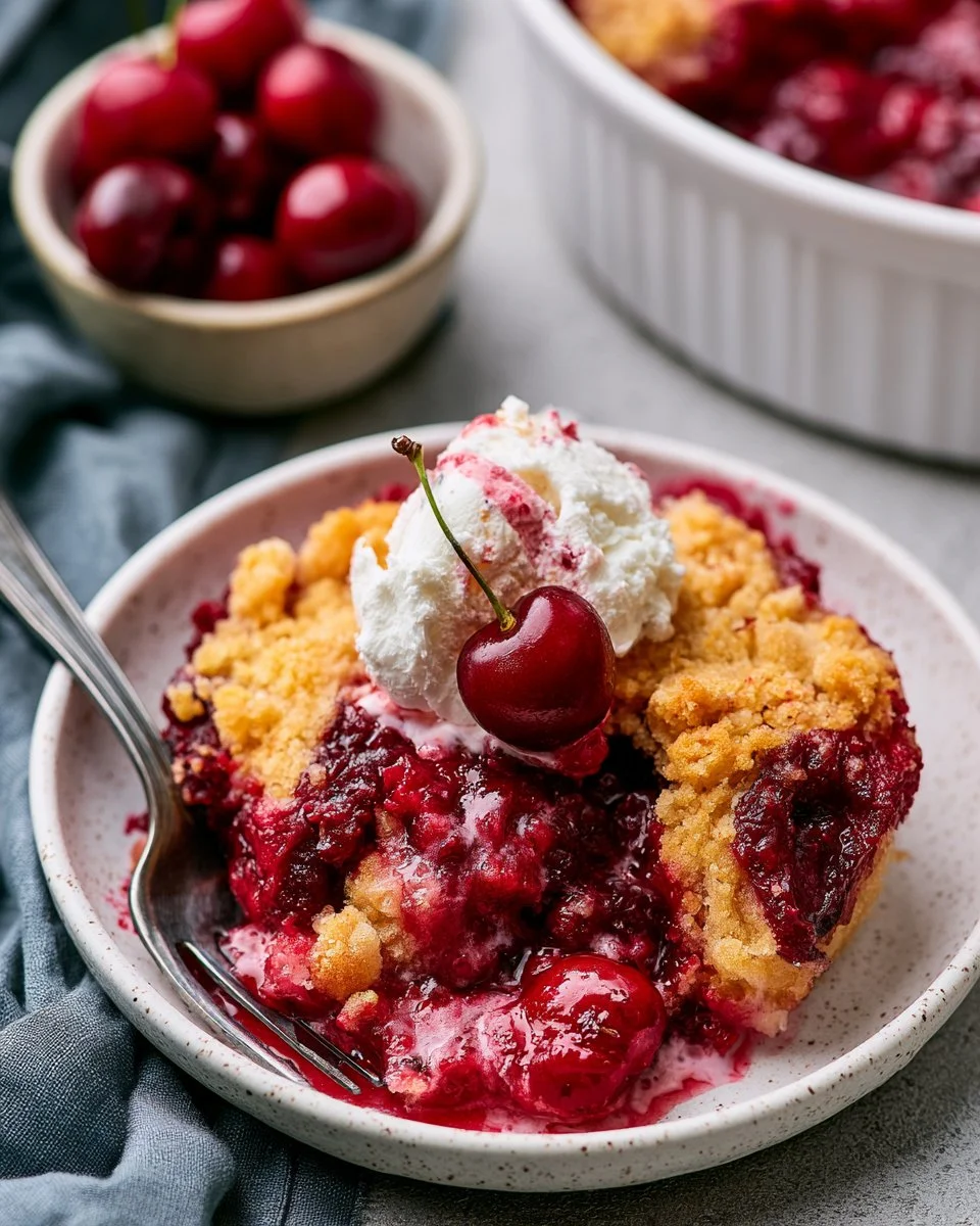 Delicious easy cherry cobbler dessert with a golden crust and fresh cherries.