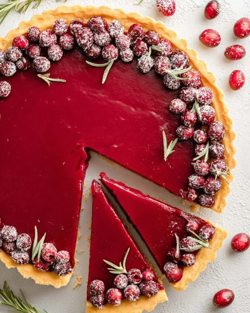 A delicious, easy cranberry tart garnished with fresh cranberries and mint.