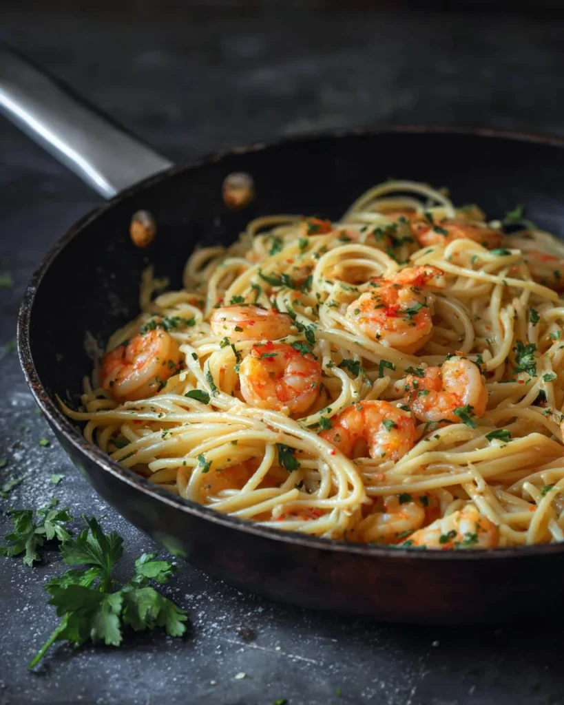Easy Italian Shrimp Pasta dish with fresh herbs and spices.