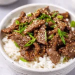 Delicious easy Korean beef dish served with rice and vegetables