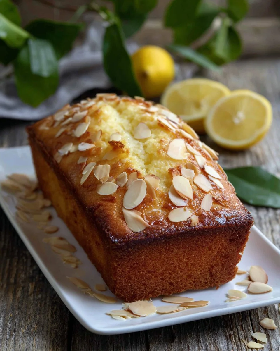 Sliced easy lemon ricotta bread on a wooden board with lemon slices.