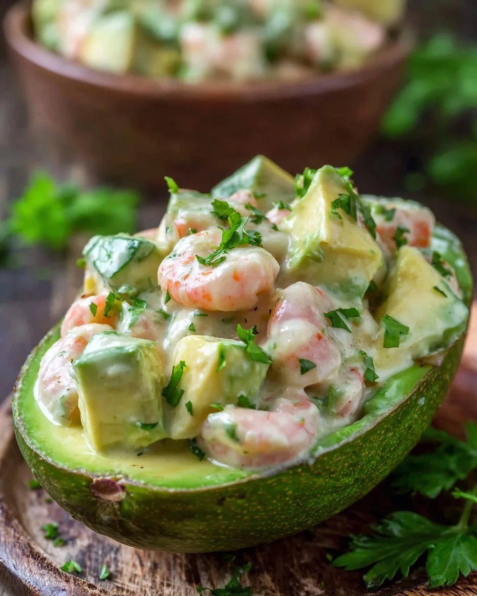 Easy shrimp stuffed avocado topped with fresh herbs and lime