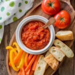 A bowl of easy tomato dip surrounded by fresh vegetables and bread.