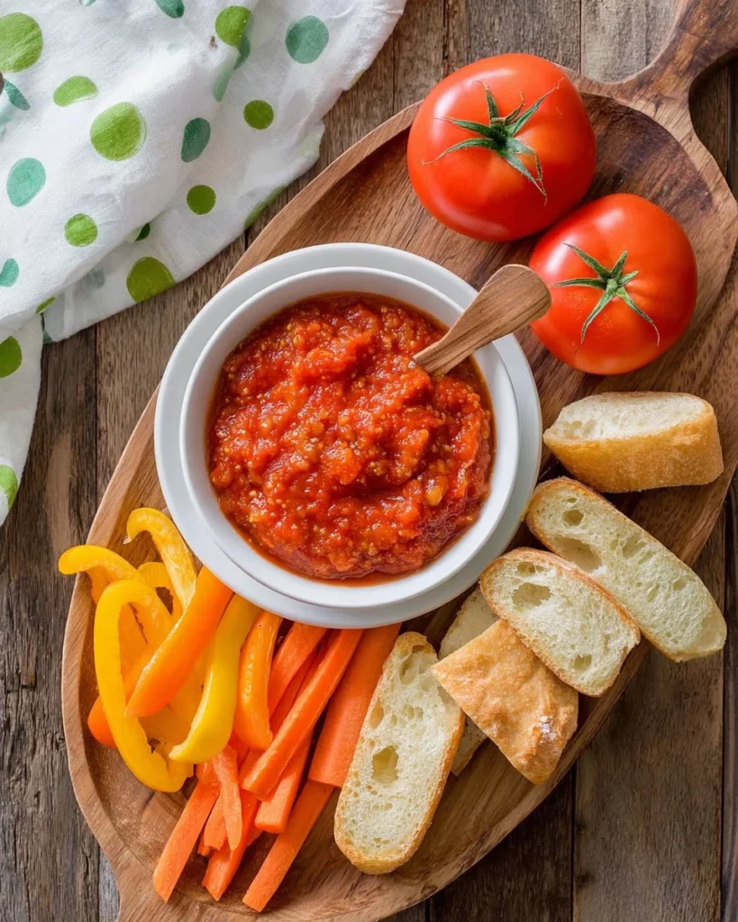 A bowl of easy tomato dip surrounded by fresh vegetables and bread.