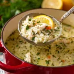 Bowl of delicious Egg Lemon Soup garnished with fresh herbs