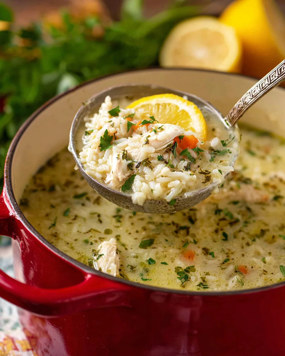 Bowl of delicious Egg Lemon Soup garnished with fresh herbs