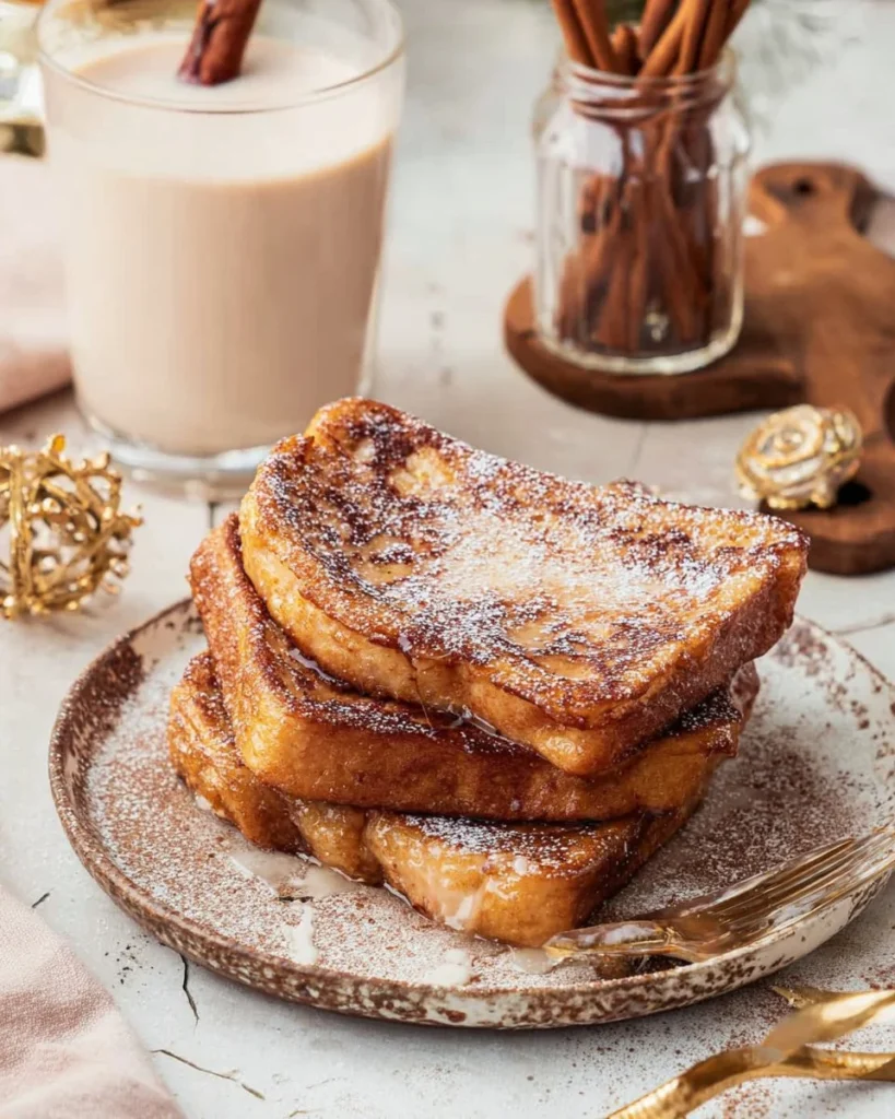 Plate of delicious Eggnog French Toast topped with powdered sugar and syrup.