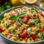 Freshly prepared Lemon Orzo Pasta Salad with vegetables and lemon dressing