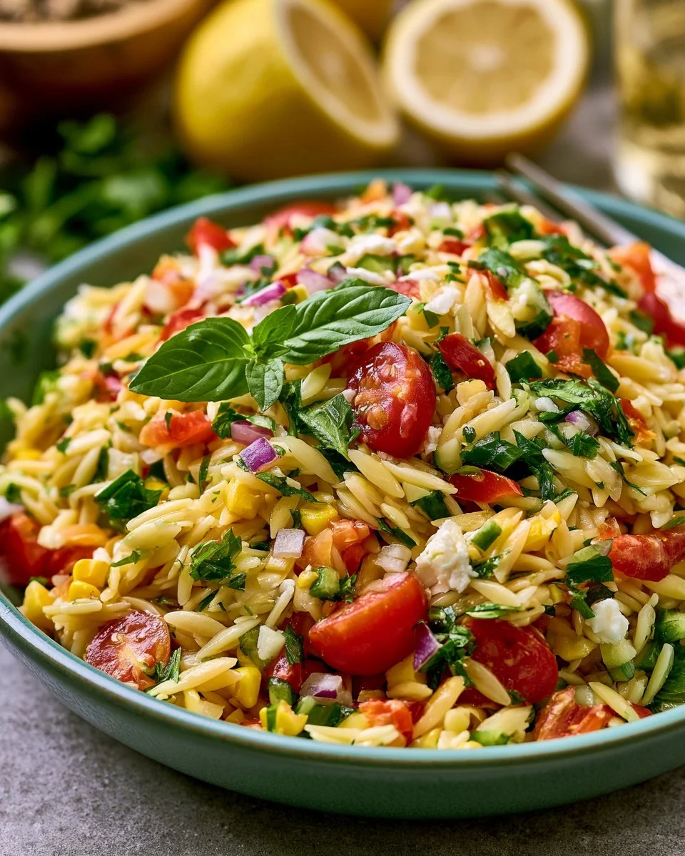 Freshly prepared Lemon Orzo Pasta Salad with vegetables and lemon dressing