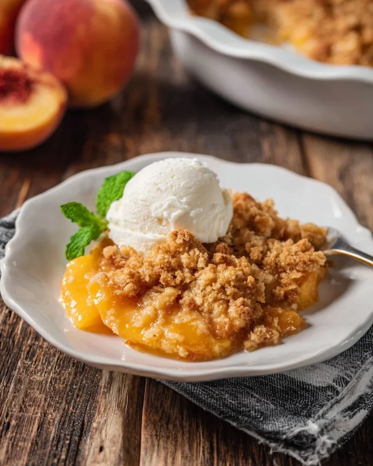 Fresh peach crumble topped with a golden brown crust served in a baking dish.