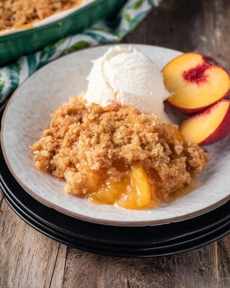 Delicious fresh peach crumble served in a rustic bowl