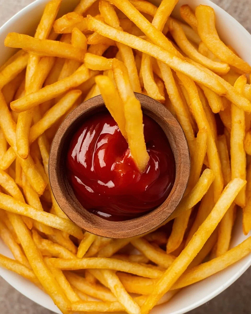 Crispy frozen French fries cooked in an air fryer, served on a plate.