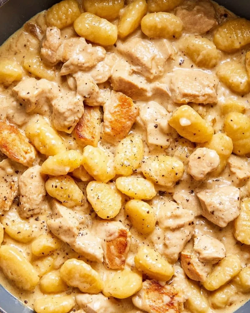 Delicious plate of Gnocchi Carbonara topped with parmesan and black pepper