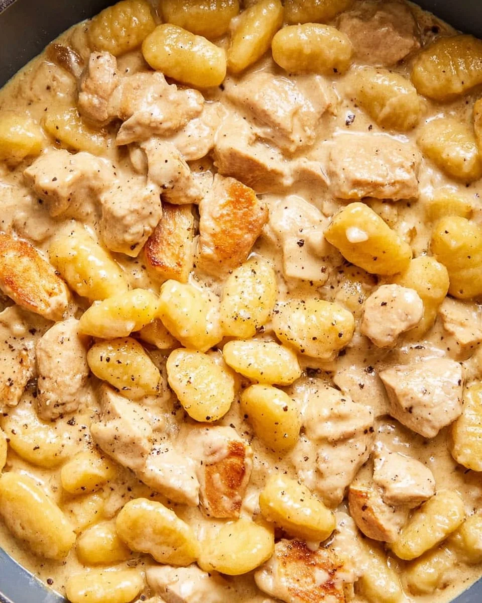 Delicious plate of Gnocchi Carbonara topped with parmesan and black pepper