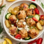 Plate of Greek Chicken Meatballs garnished with herbs and served with dipping sauce