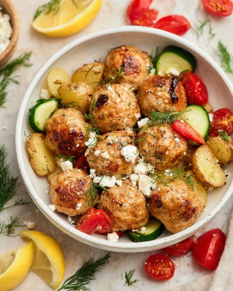 Plate of Greek Chicken Meatballs garnished with herbs and served with dipping sauce