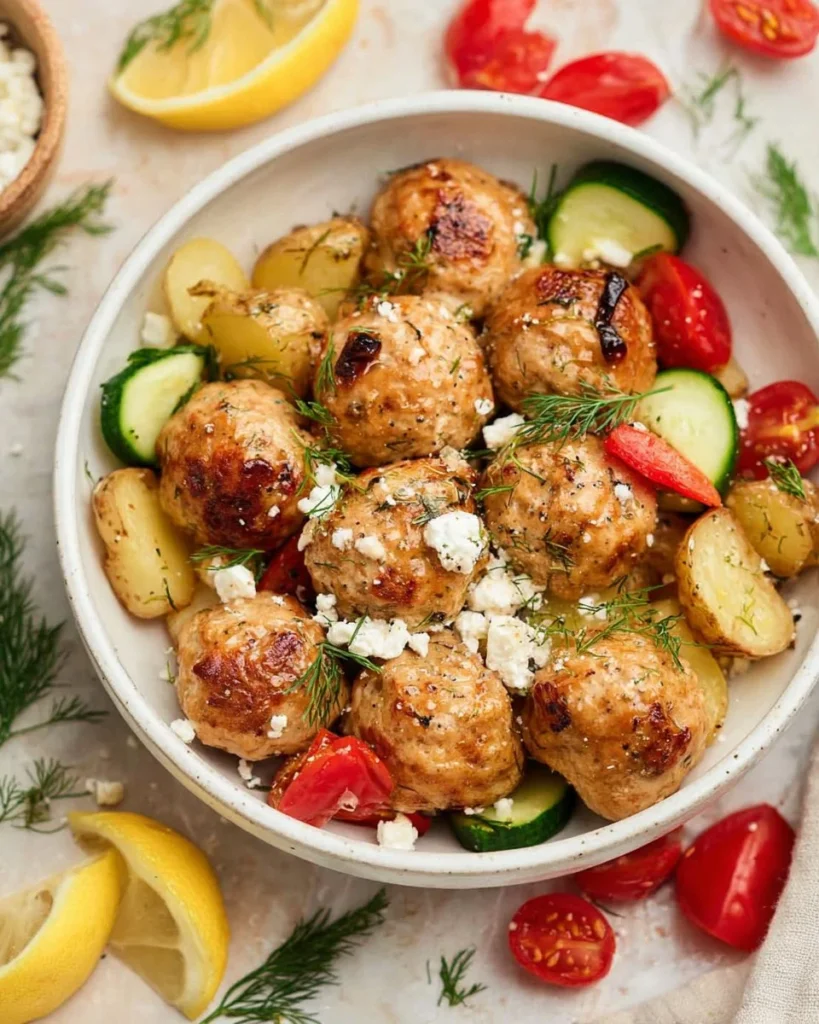 Plate of Greek Chicken Meatballs garnished with herbs and served with dipping sauce