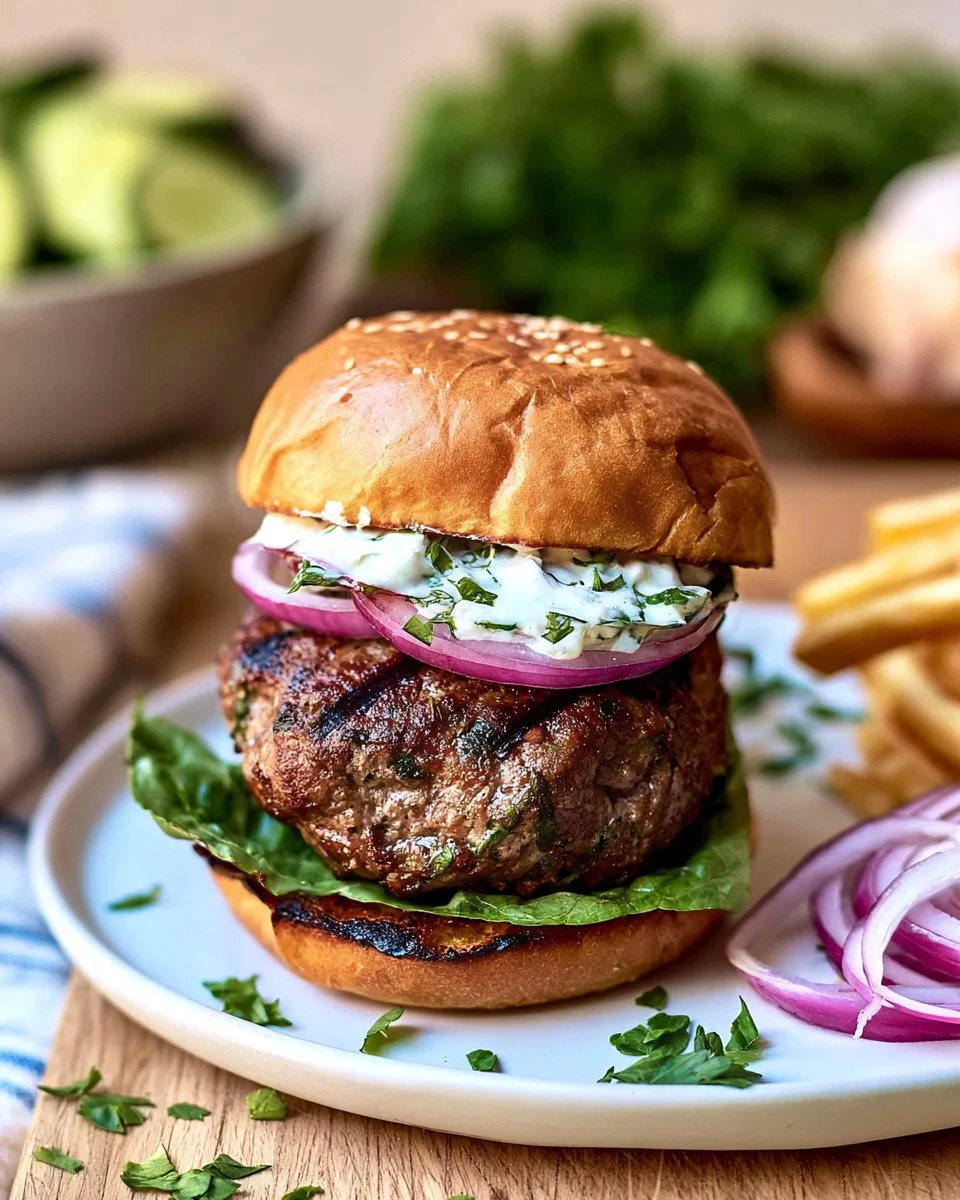 Juicy Greek lamb burgers topped with fresh ingredients and served on a bun