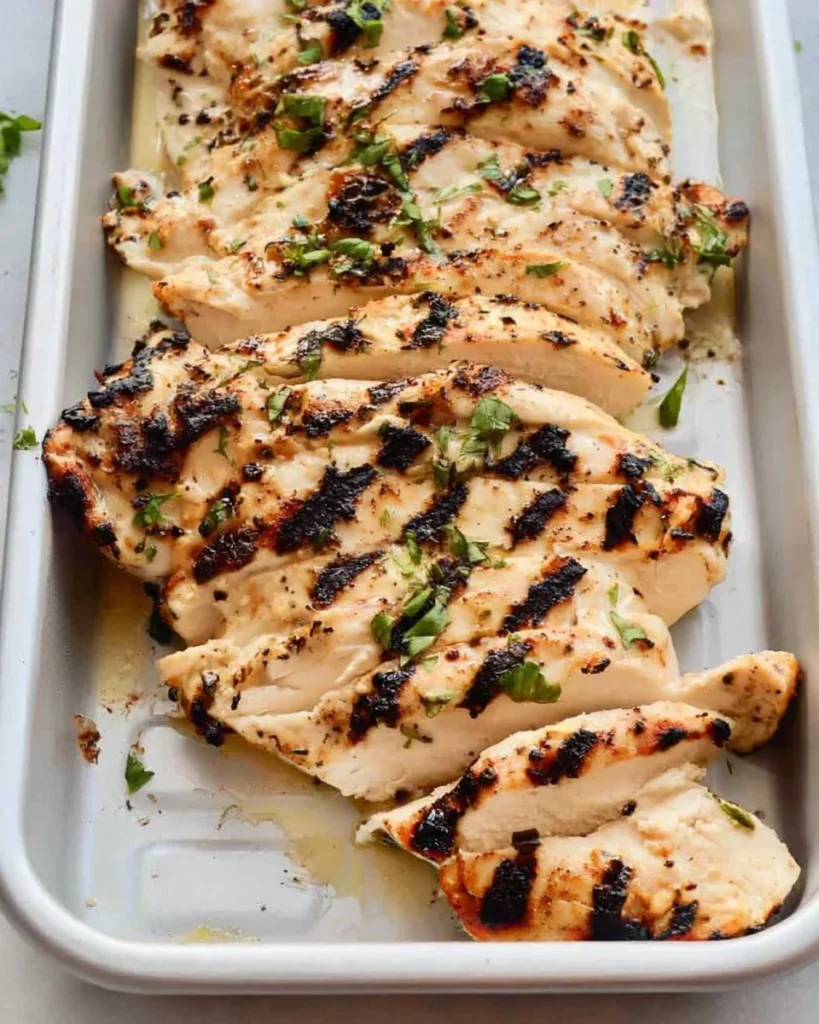 Greek yogurt marinated chicken served on a plate with herbs and spices