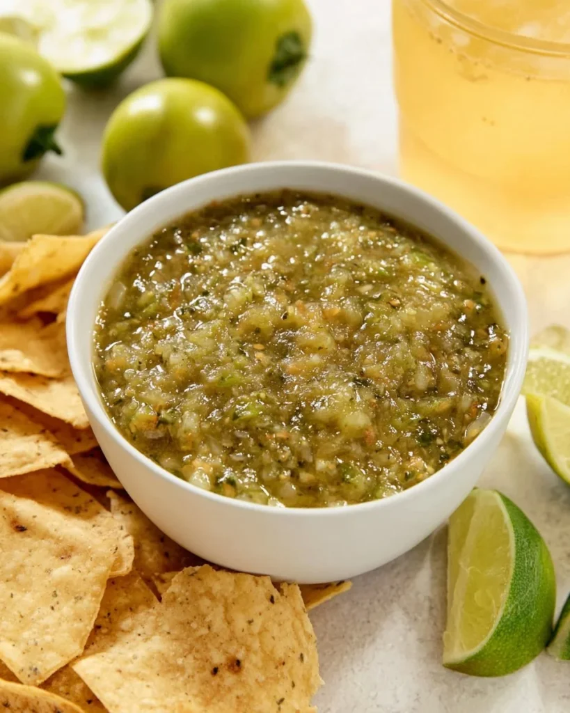 Fresh green tomato salsa served in a bowl with cilantro and lime