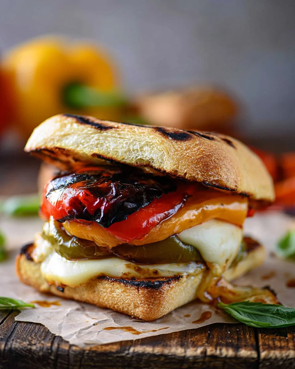 Grilled pepper and mozzarella sandwich served with fresh ingredients