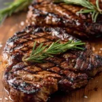Delicious grilled rosemary marinated steaks on a barbecue platter.