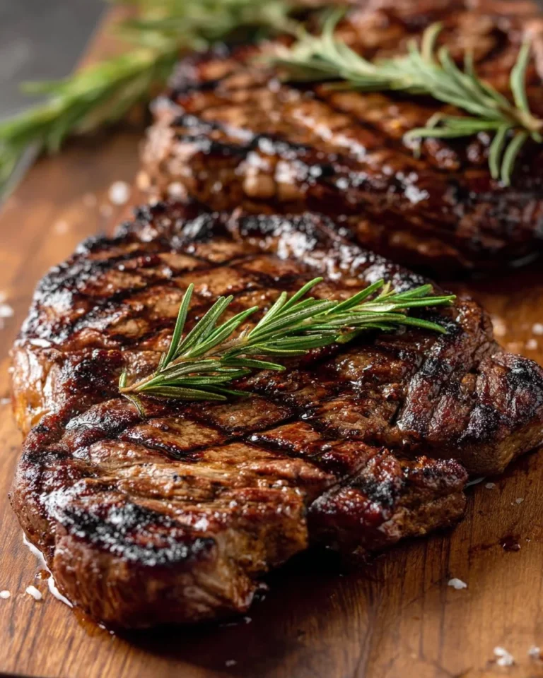 Delicious grilled rosemary marinated steaks on a barbecue platter.