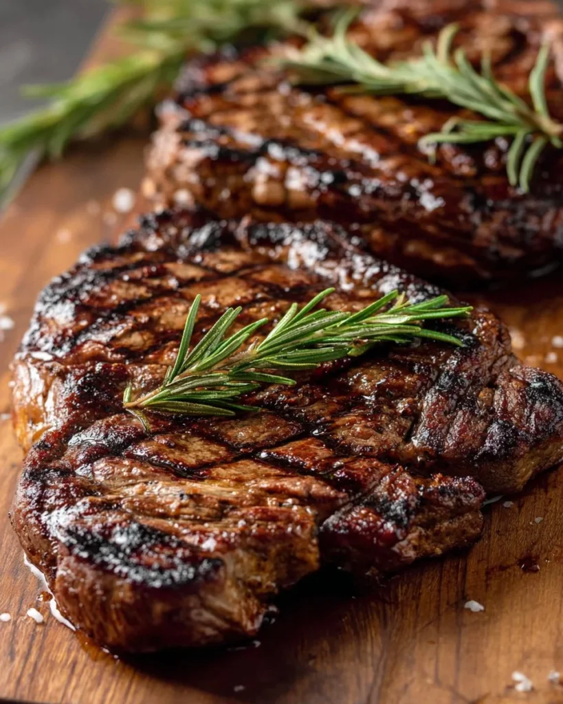 Delicious grilled rosemary marinated steaks on a barbecue platter.