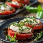 Plate of grilled tomatoes topped with fresh mozzarella and herbs