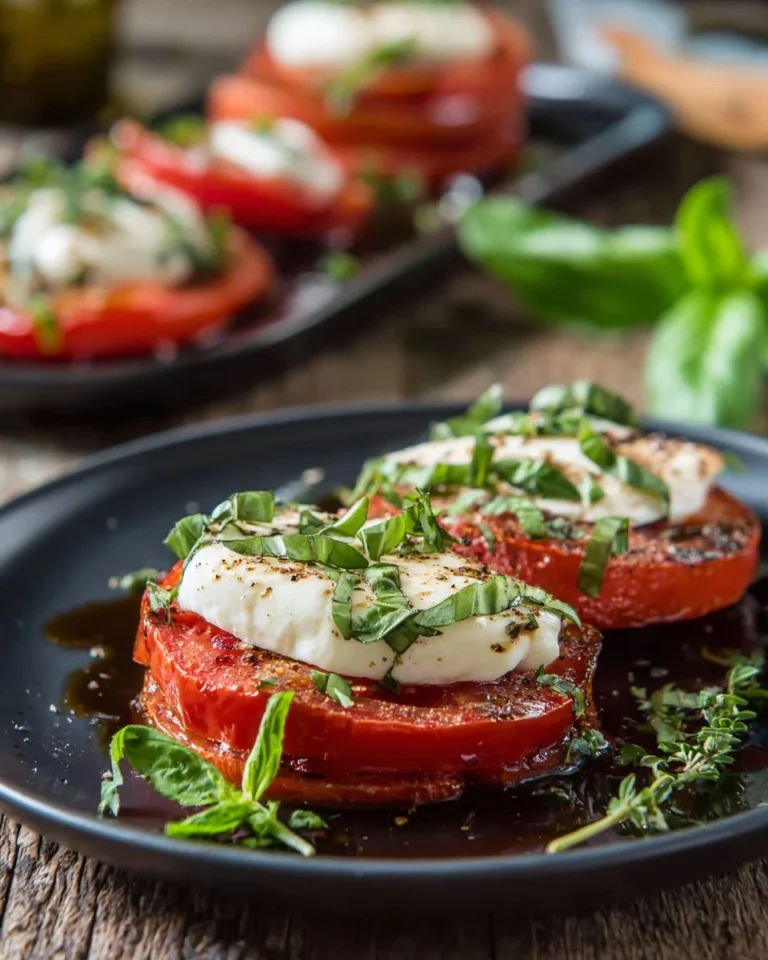 Plate of grilled tomatoes topped with fresh mozzarella and herbs