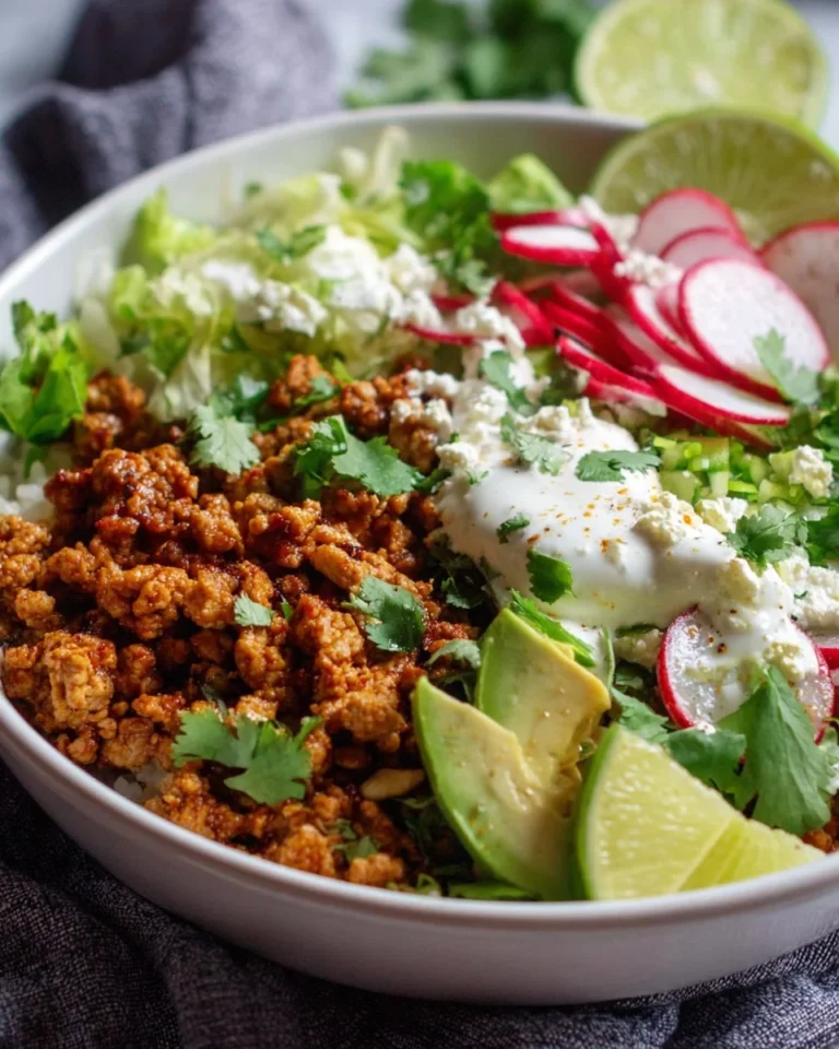 Ground Turkey Burrito Bowls with fresh vegetables and spices