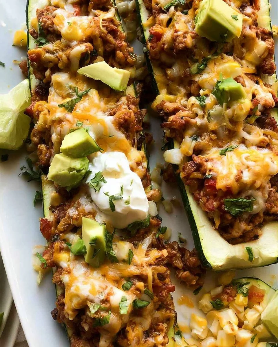 Ground Turkey Stuffed Zucchini Boats topped with cheese and herbs