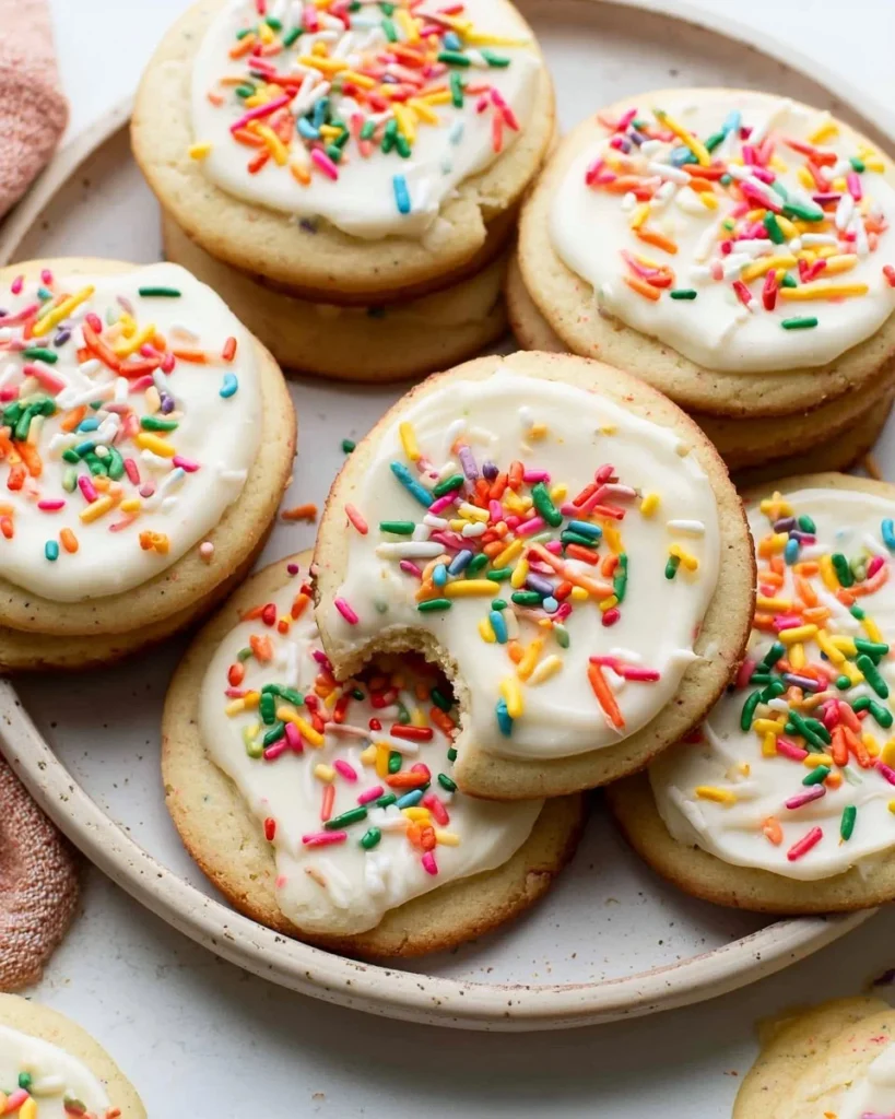 A plate of colorful Lofthouse Cookies with icing, showcasing a healthier recipe option.