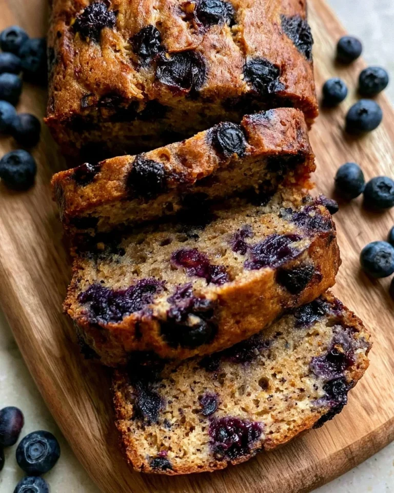 Healthy blueberry banana bread loaf on a wooden table