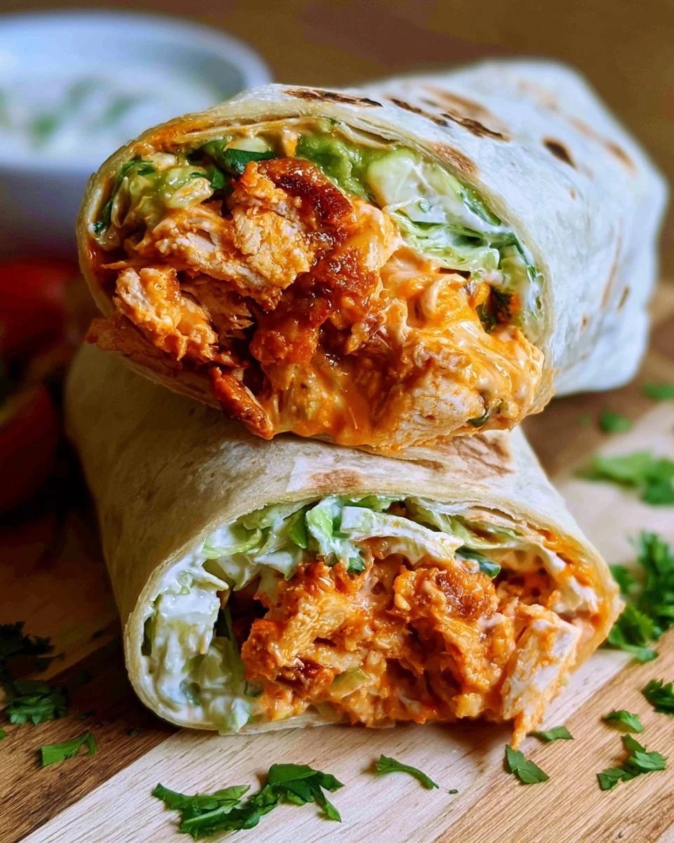 Healthy buffalo chicken caesar wraps with fresh ingredients and a tasty dressing.