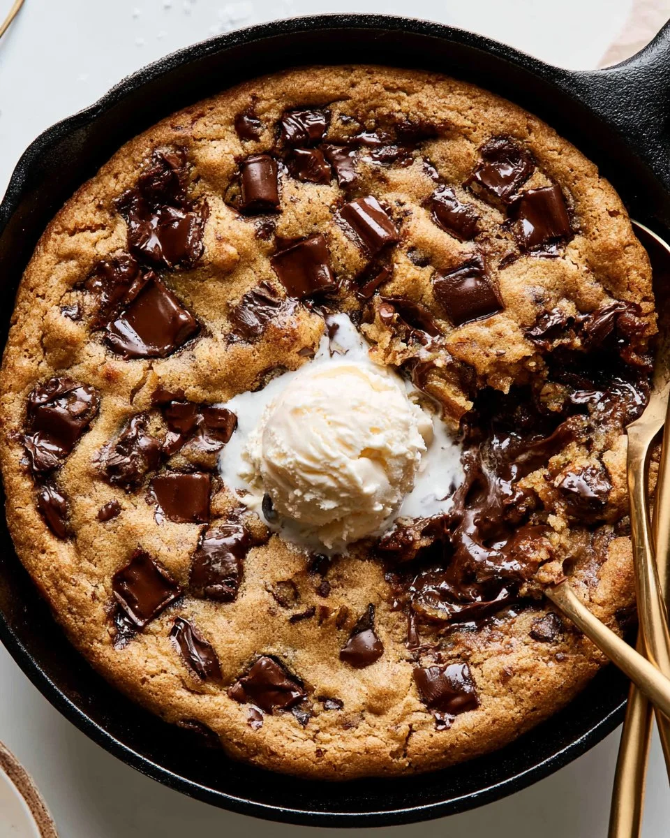 Healthy gooey cookie skillet freshly baked and served warm in a cast iron skillet.