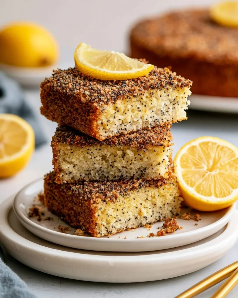 Healthy Lemon Poppy Seed Crumb Cake topped with lemon zest and poppy seeds.