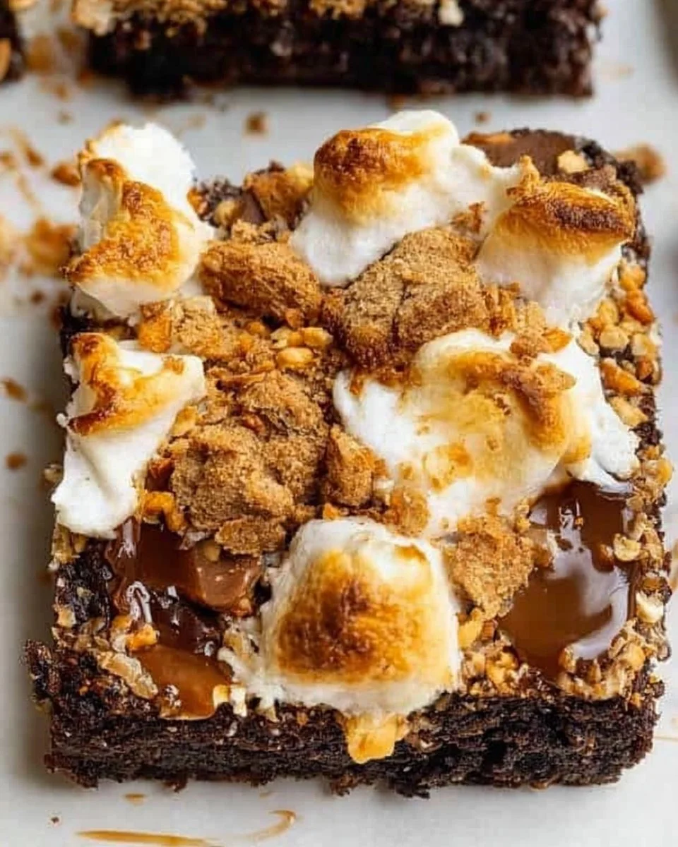 Healthy s'mores brownies with chocolate and marshmallows on a plate