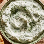 Healthy low-fat tzatziki sauce made with yogurt and cucumbers served in a bowl.
