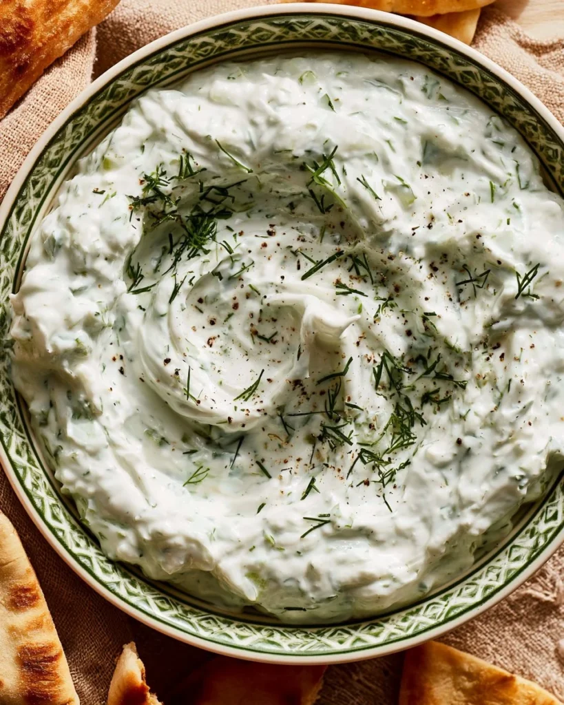 Healthy low-fat tzatziki sauce made with yogurt and cucumbers served in a bowl.