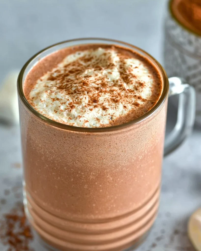 A steaming cup of high protein hot chocolate topped with whipped cream and cocoa