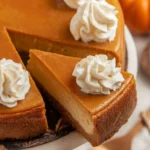 High protein pumpkin cheesecake topped with whipped cream and pumpkin spice
