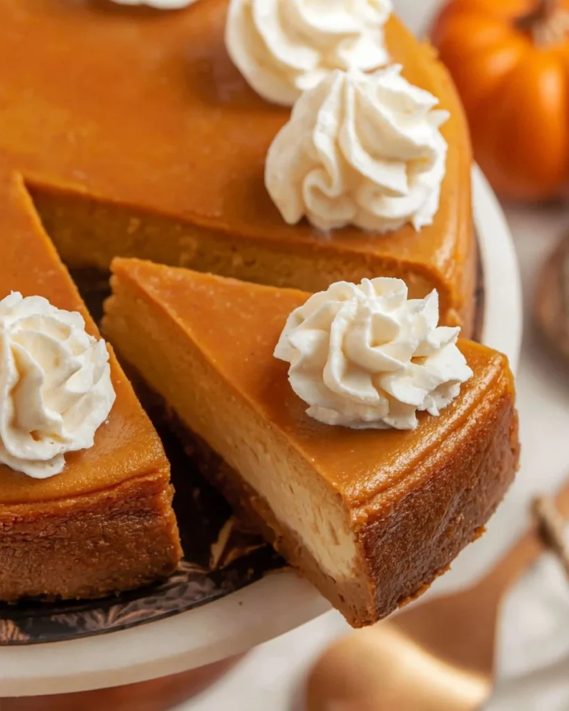 High protein pumpkin cheesecake topped with whipped cream and pumpkin spice