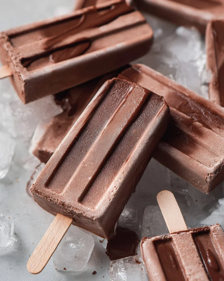 Delicious homemade fudgesicles on a rustic wooden table.