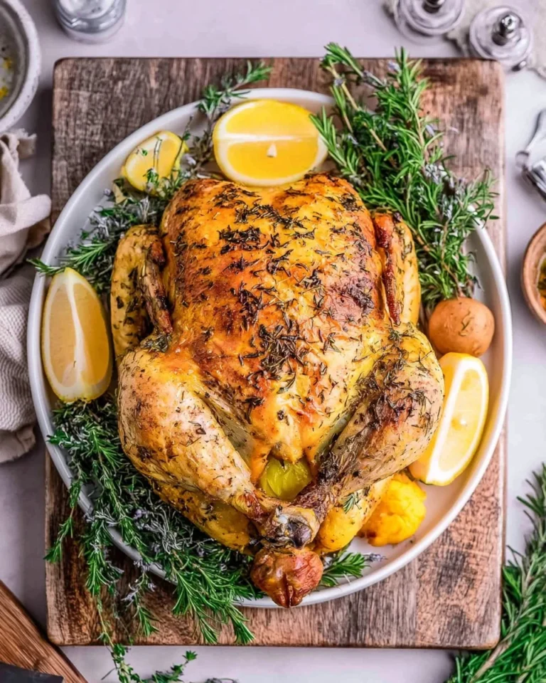 Homemade rotisserie chicken served with herbs and spices