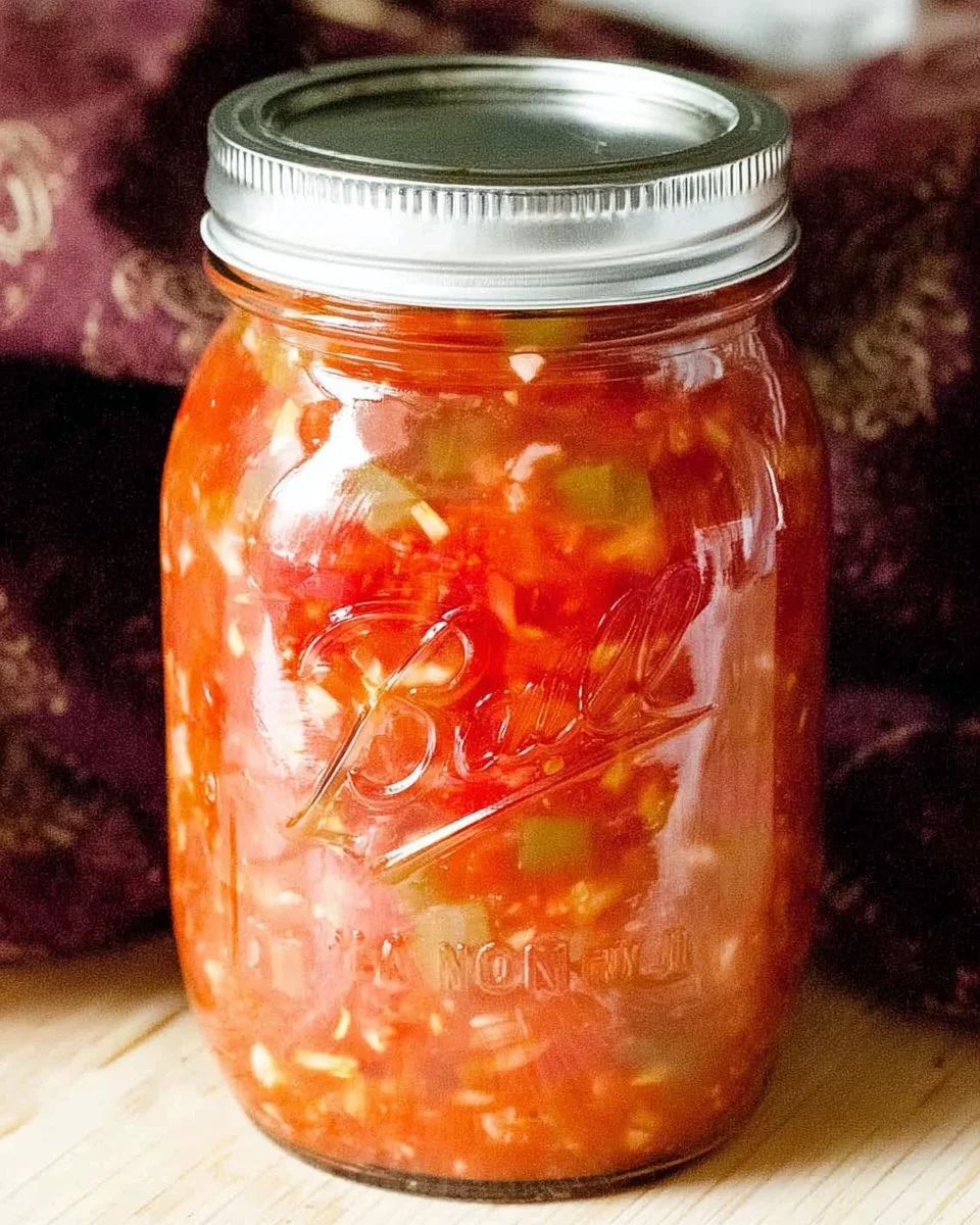 Jars of homemade salsa prepared for canning with fresh ingredients.