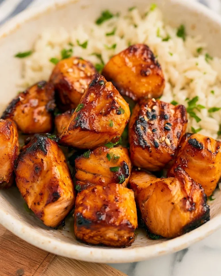 Delicious hot honey salmon bites served on a platter