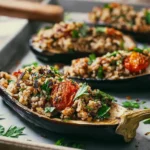 Keto Stuffed Eggplants garnished with herbs, perfect for low-carb meals