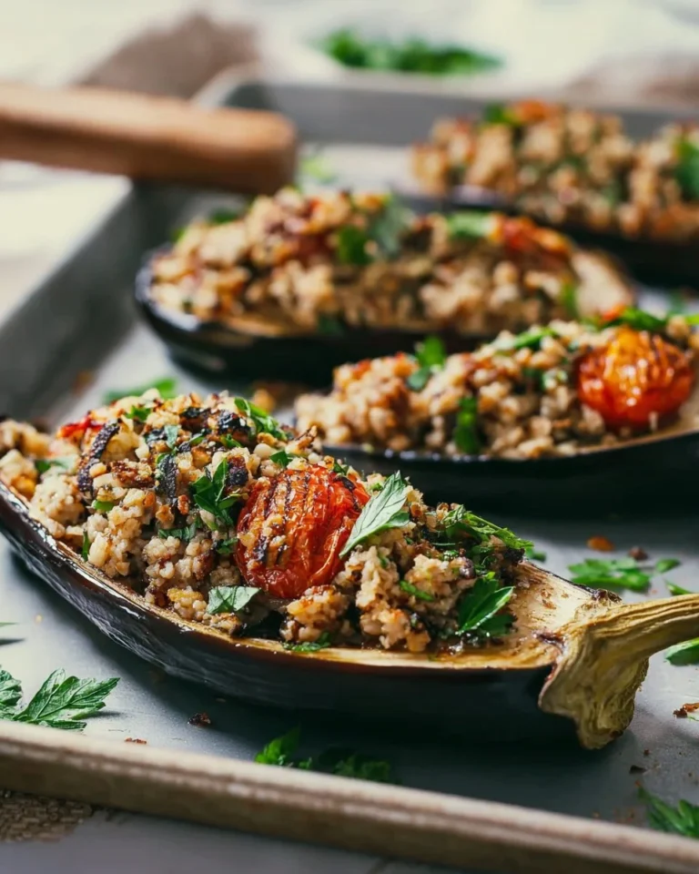 Keto Stuffed Eggplants garnished with herbs, perfect for low-carb meals