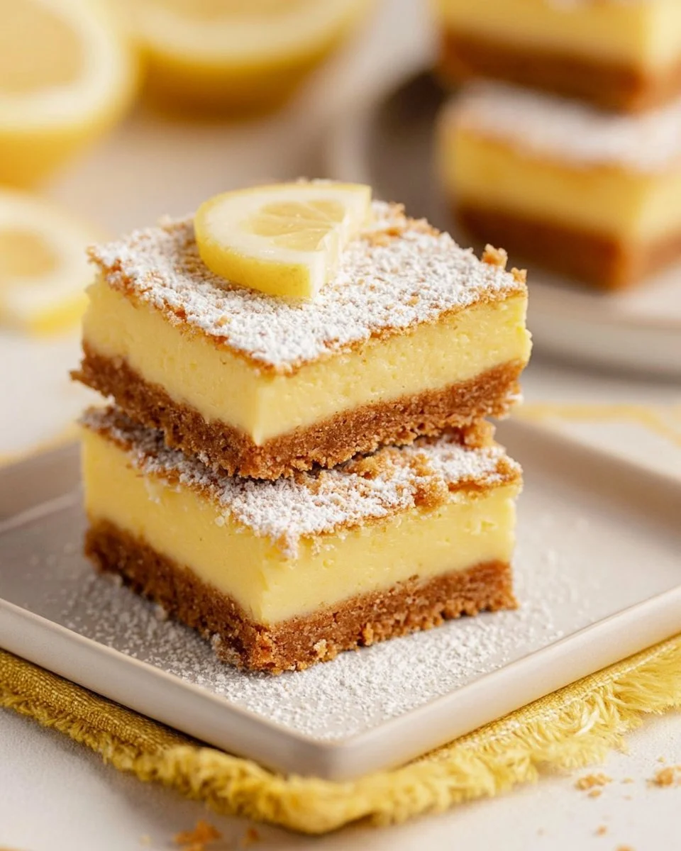 Delicious lemon icebox bars on a plate, garnished with lemon slices.